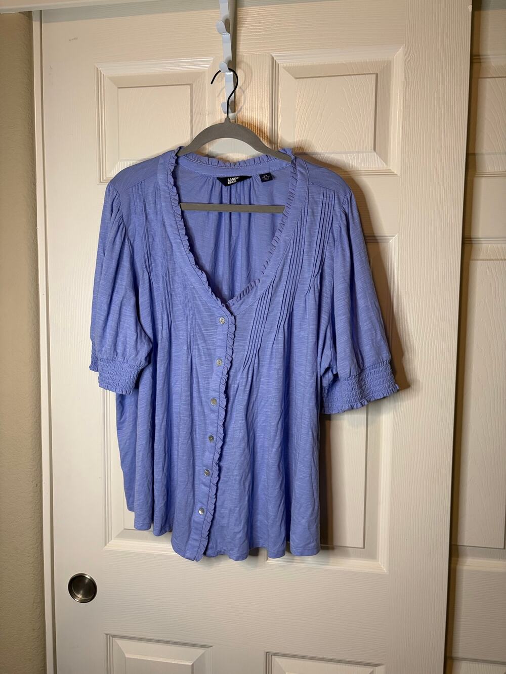 Women’s Land’s End Blue Ruffle Trim S/S Button Up Knit To 2X EUC